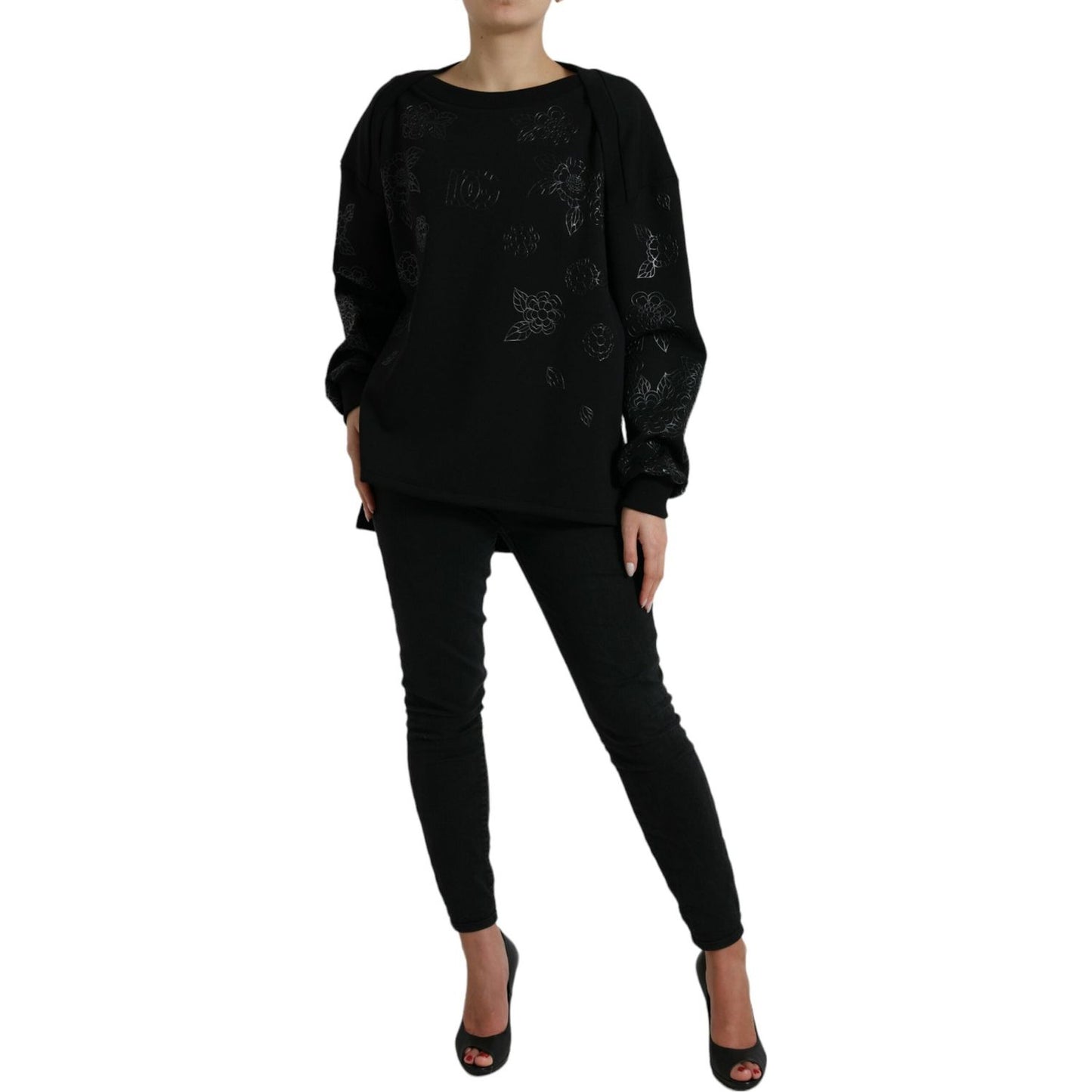 Elegant Black Floral Applique Sweater