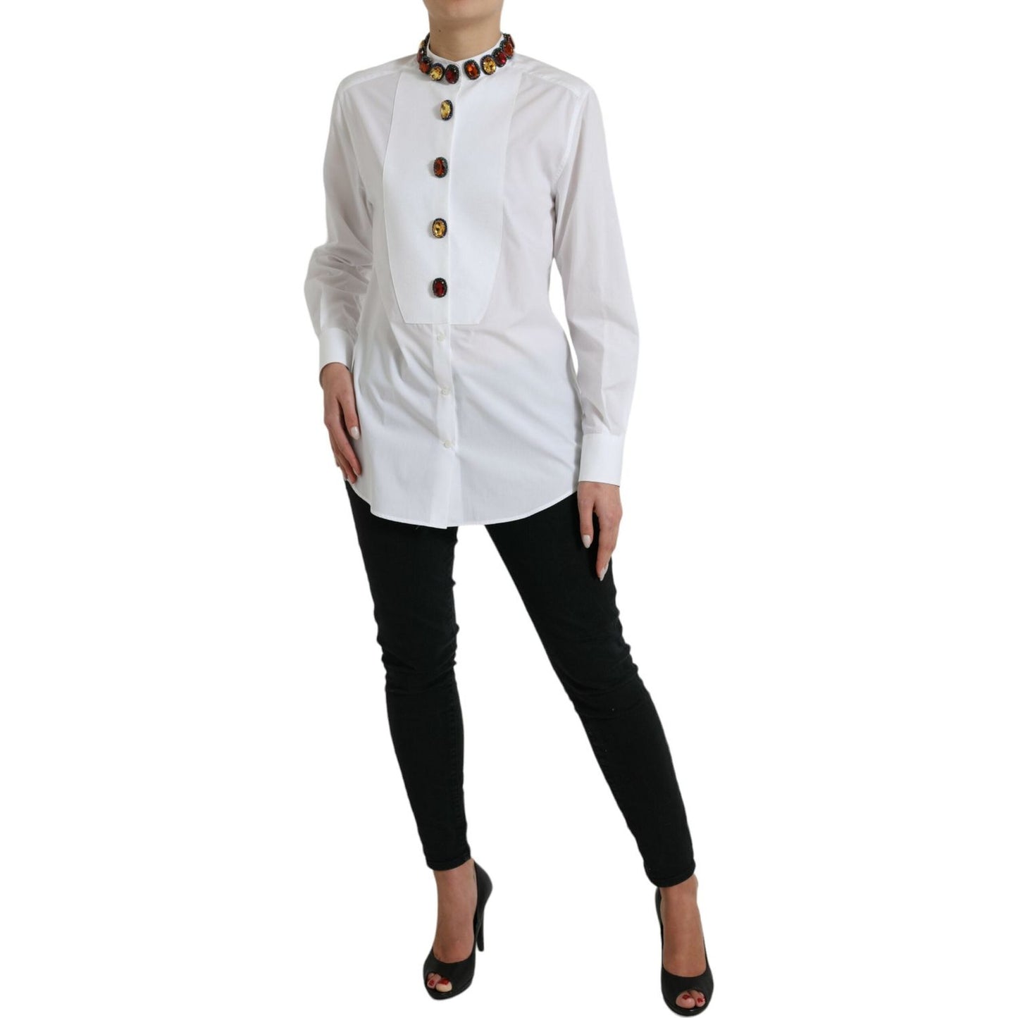 Elegant Crystal-Embellished White Cotton Top