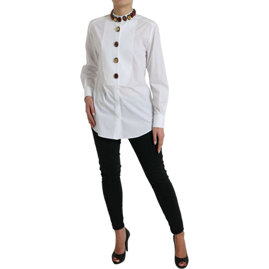 Elegant Crystal-Embellished White Cotton Top Dolce & Gabbana