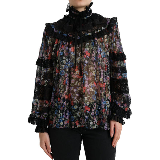 Elegant Floral Silk Blouse with Lace Trim Dolce & Gabbana