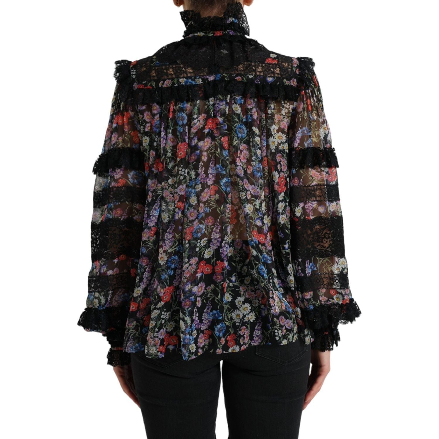 بلوزة دولتشي آند غابانا الحريرية الأنيقة المزينة بالزهور مع حواف من الدانتيل