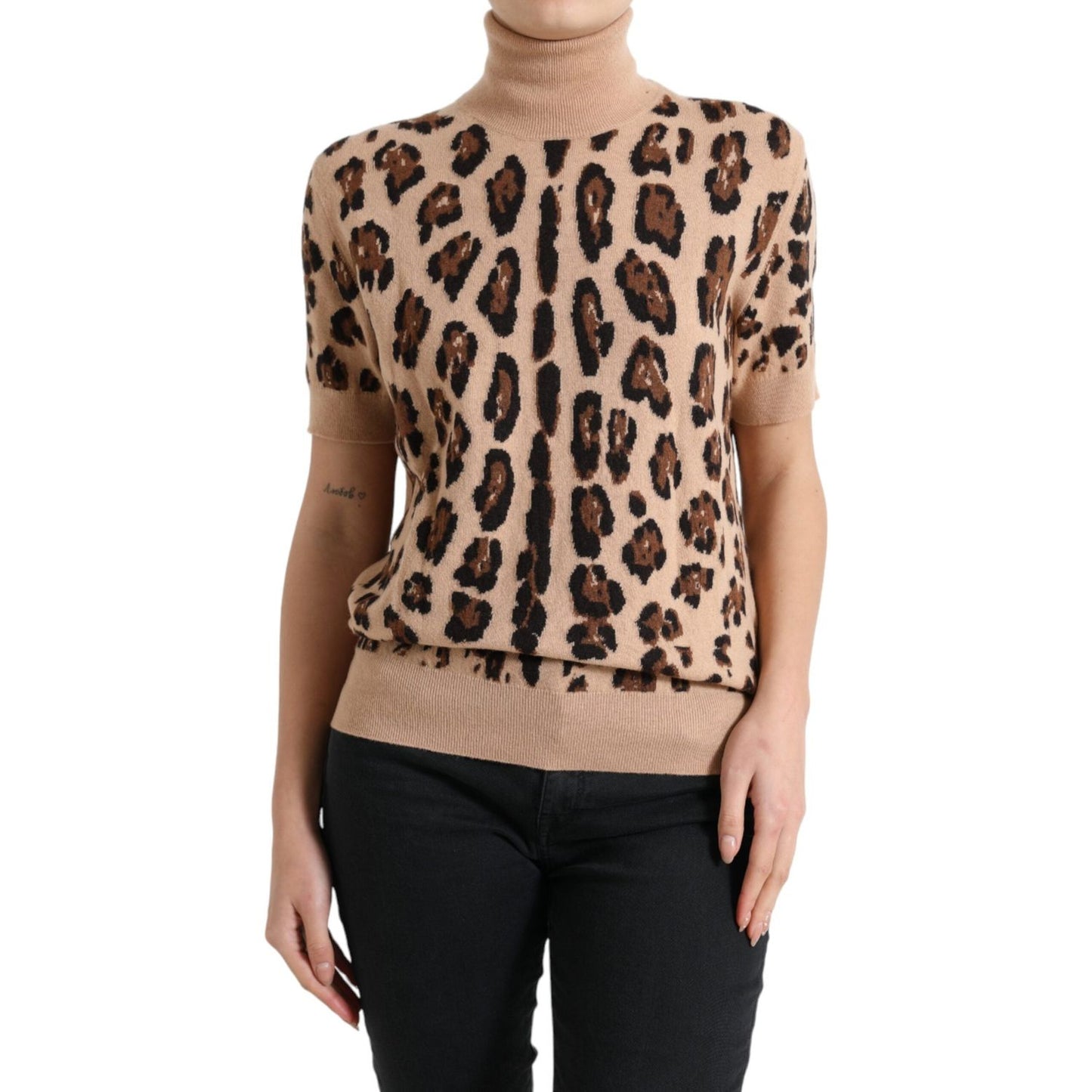 Elegant Beige Leopard Turtleneck Wool Top