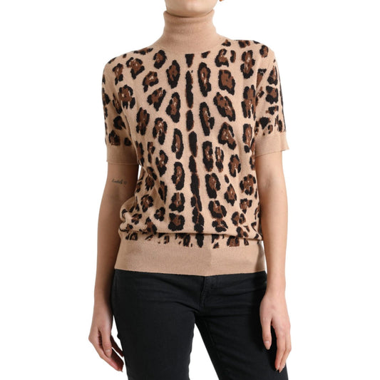 Elegant Beige Leopard Turtleneck Wool Top