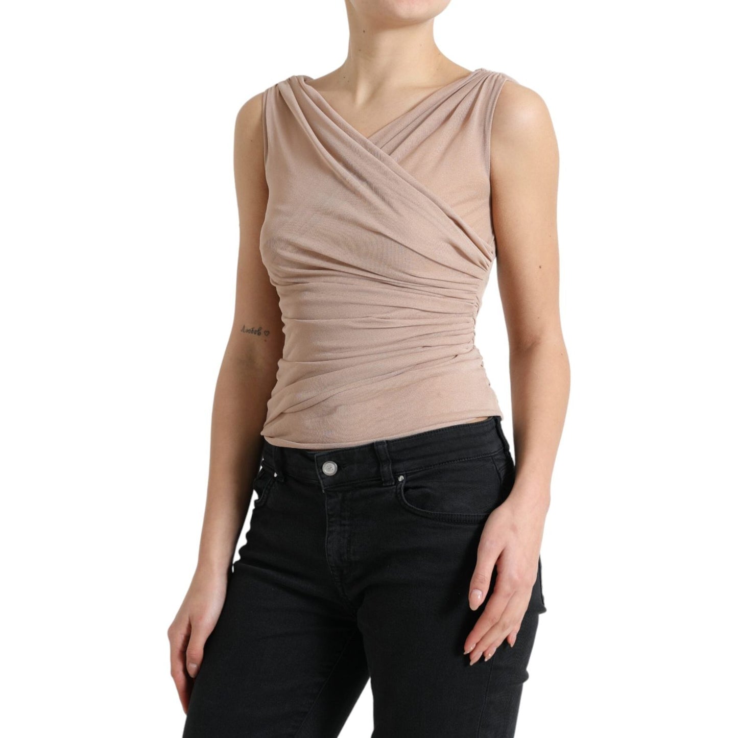 Elegant Beige V-Neck Sleeveless Sheer Tank Top