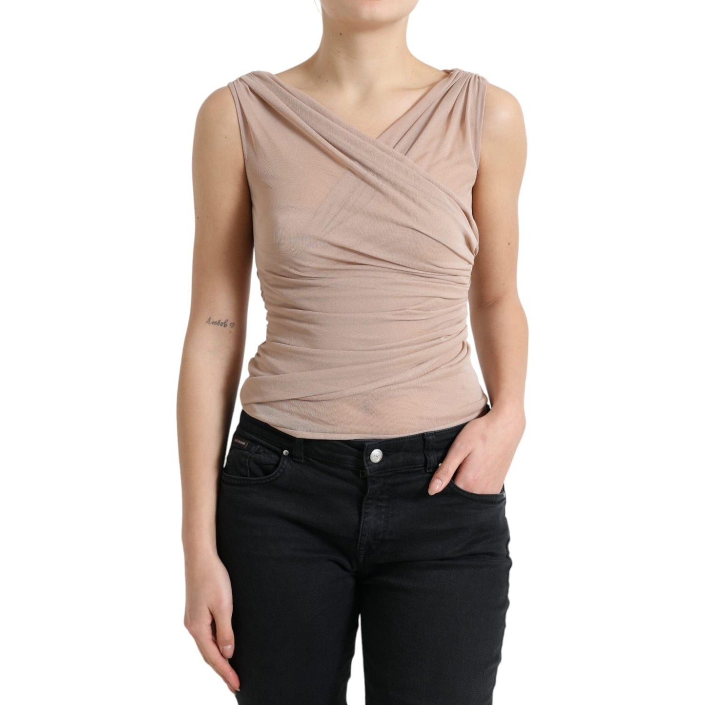 Elegant Beige V-Neck Sleeveless Sheer Tank Top