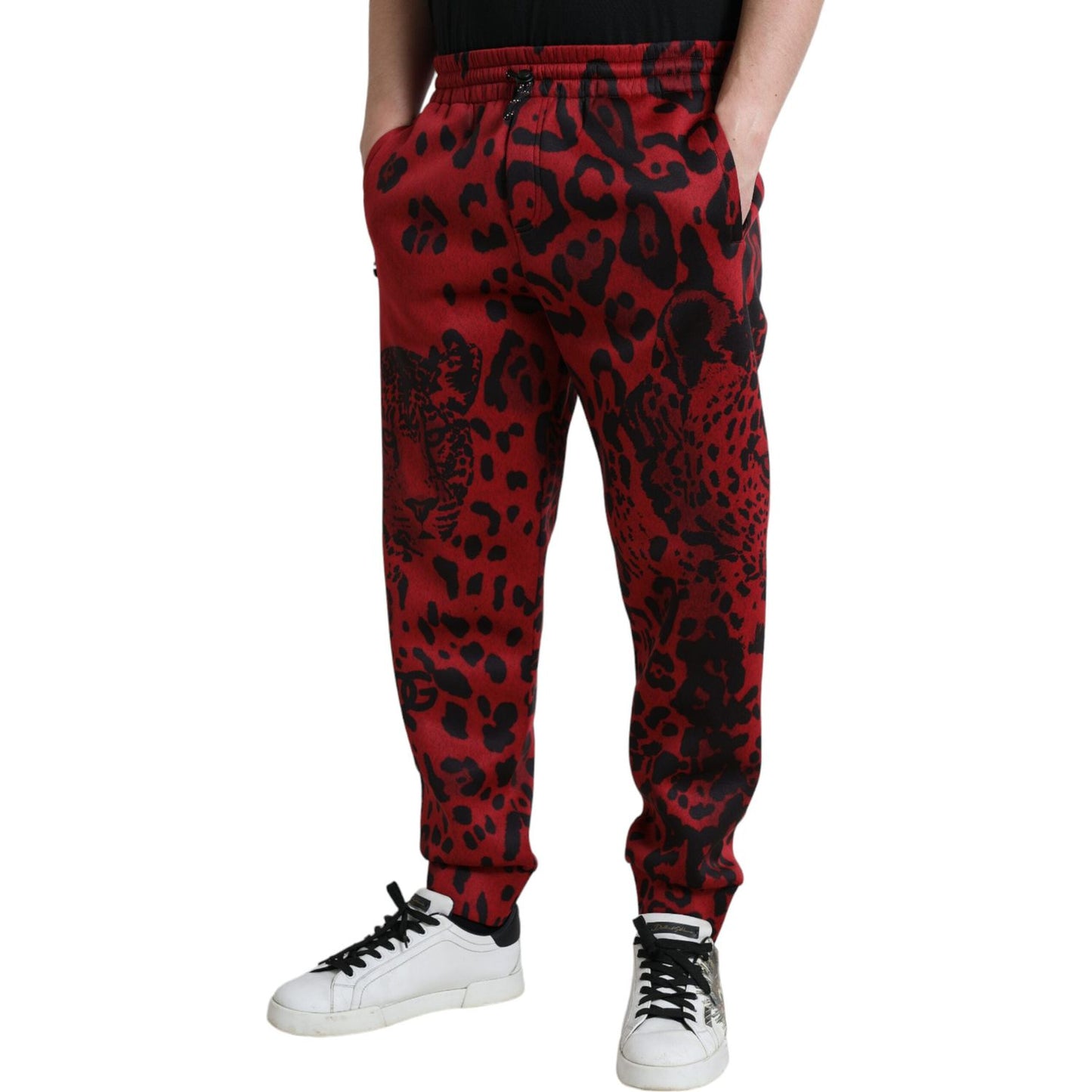 Elegant Leopard Print Joggers in Red and Black