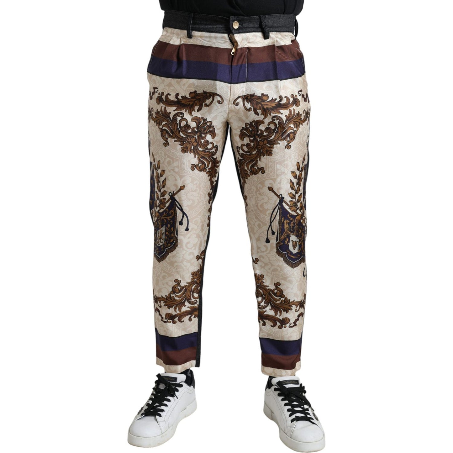 Elegant Silk Skinny Pants with Heraldic Print