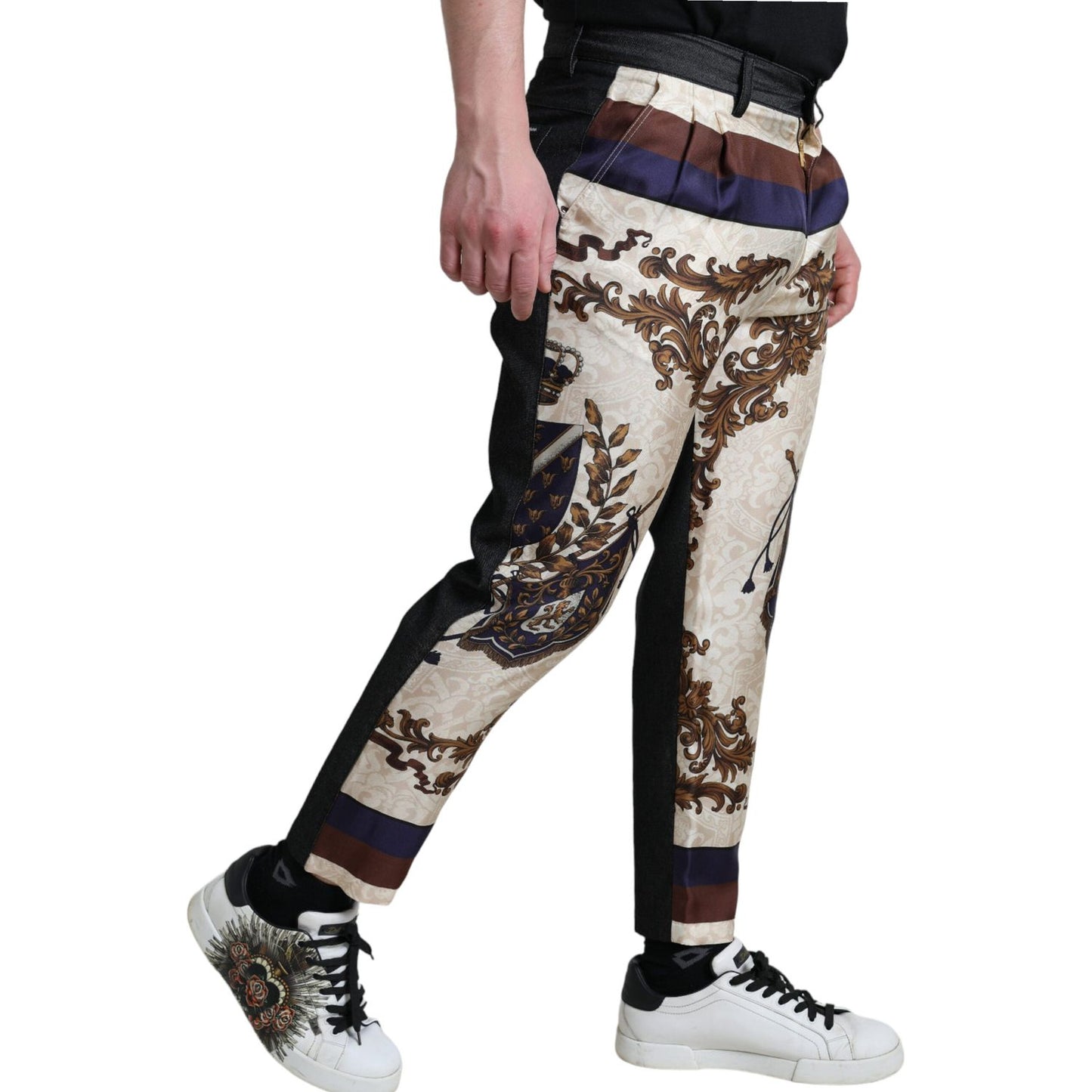 Elegant Silk Skinny Pants with Heraldic Print