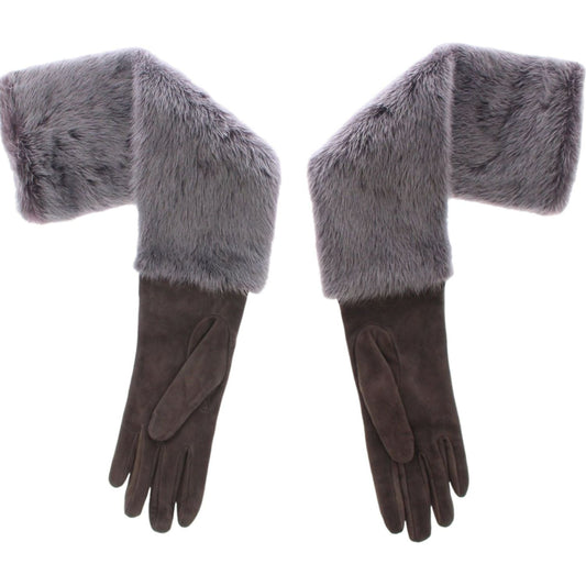 Elegant Gray Mink Fur Leather Elbow Gloves