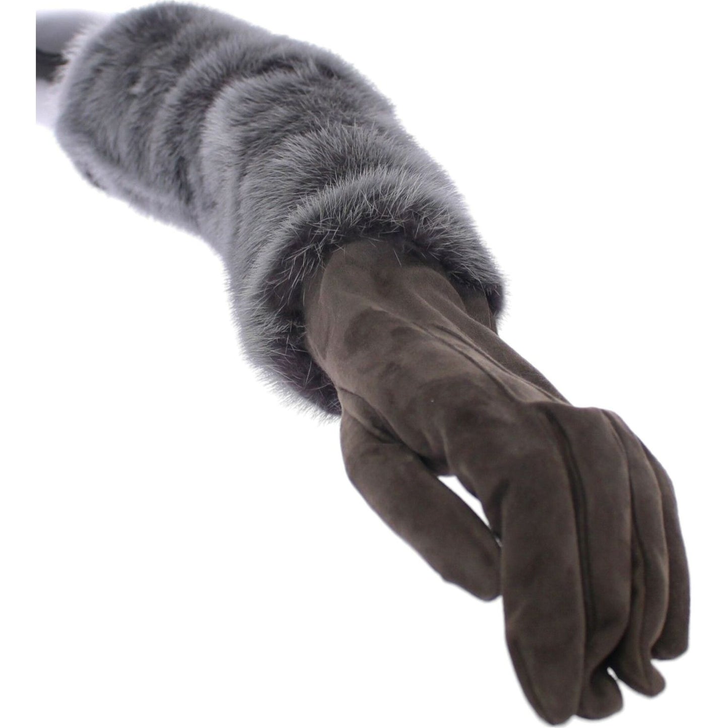 Elegant Gray Mink Fur Leather Elbow Gloves