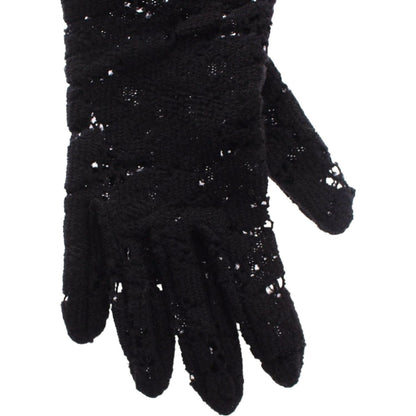 Dolce & Gabbana Black Lace Wool Lambskin Fur Elbow Gloves