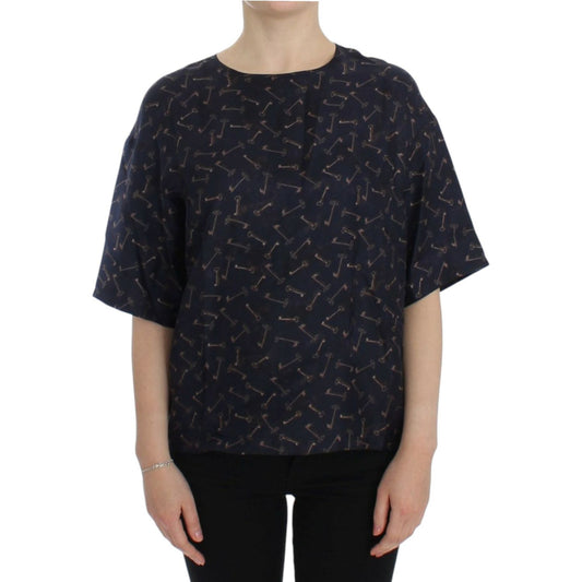 Enchanted Sicily Silk Blouse with Gold Keys Print