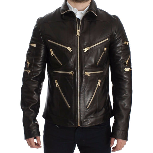 Elegant Brown Gold-Detailed Leather Jacket