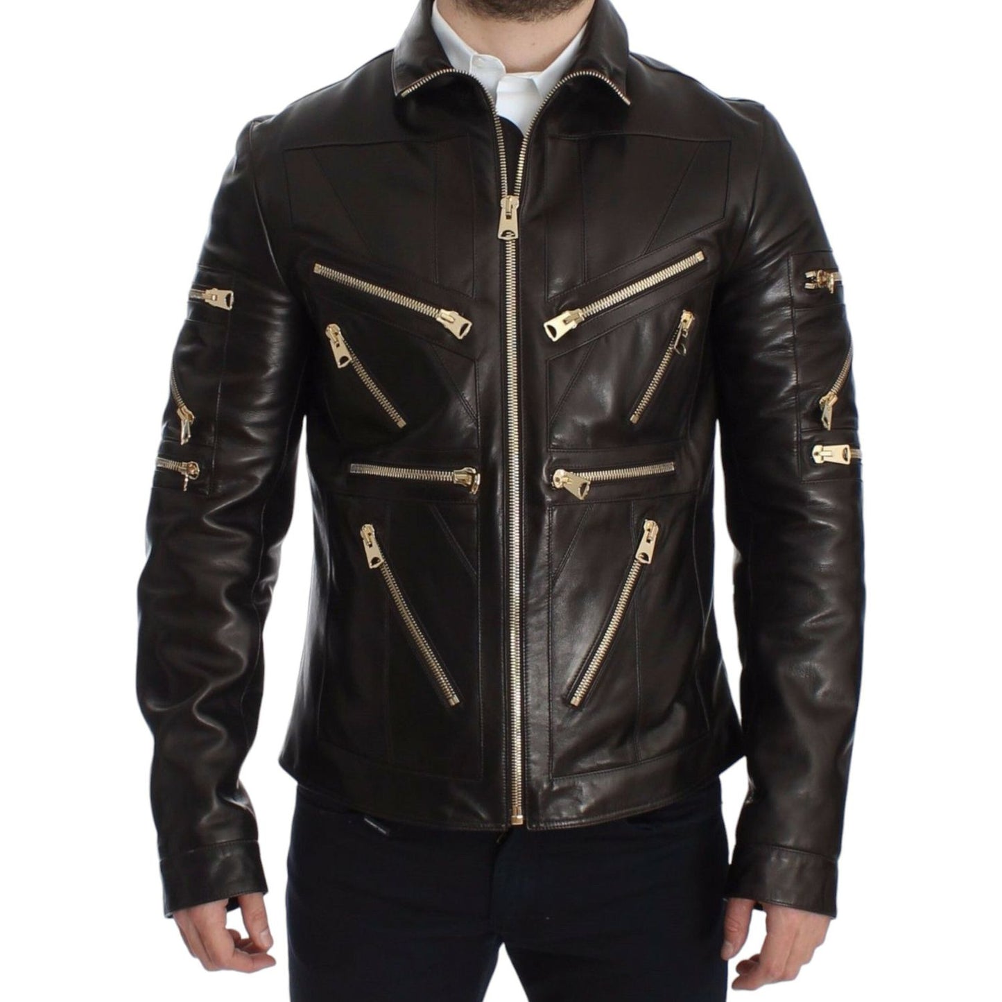 Elegant Brown Gold-Detailed Leather Jacket