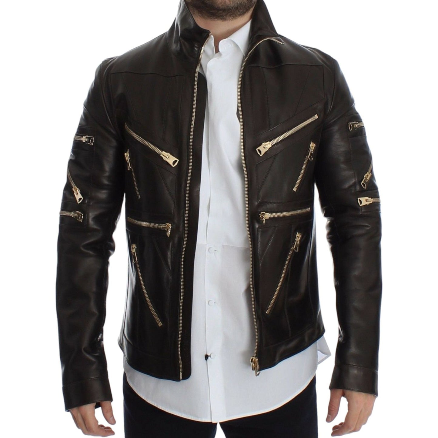 Elegant Brown Gold-Detailed Leather Jacket