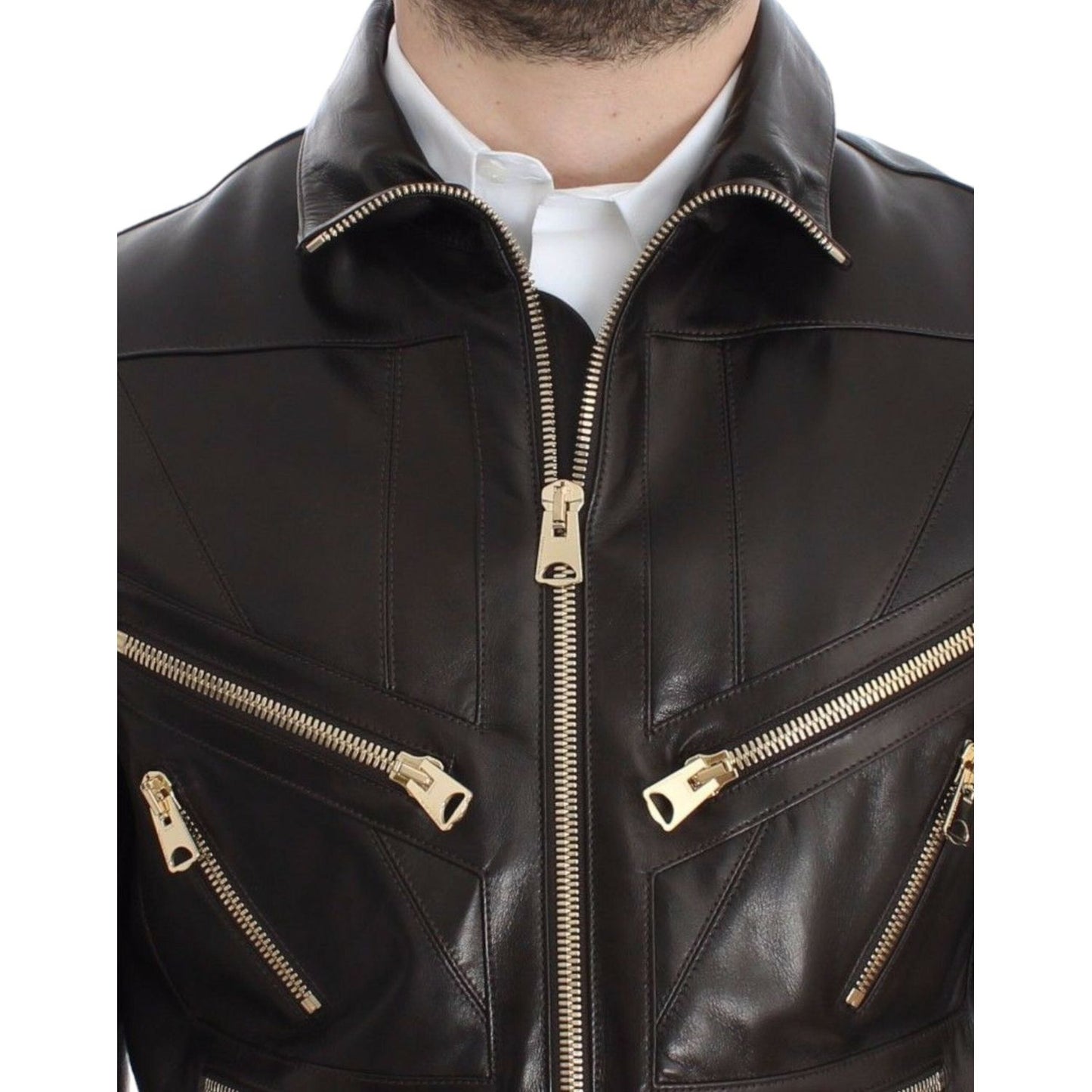 Elegant Brown Gold-Detailed Leather Jacket