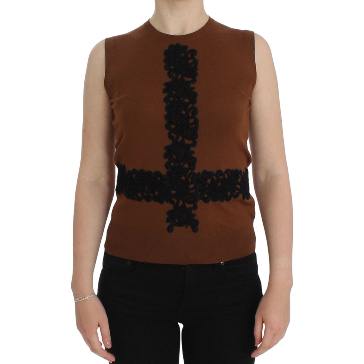 Dolce & Gabbana Brown Wool Black Lace Vest Sweater Top