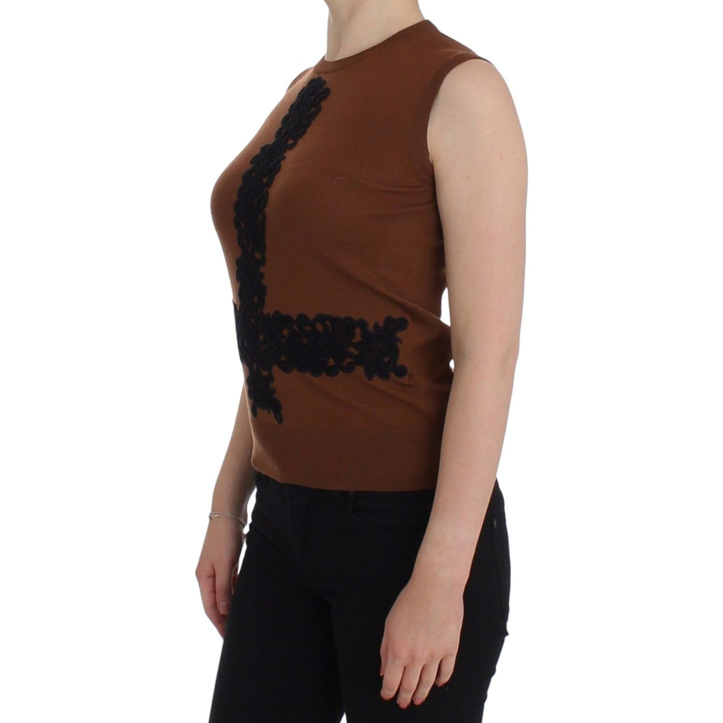 Dolce & Gabbana Brown Wool Black Lace Vest Sweater Top