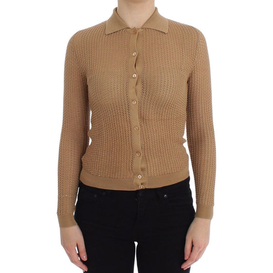 Beige Knitted Cotton Polo Cardigan Sweater