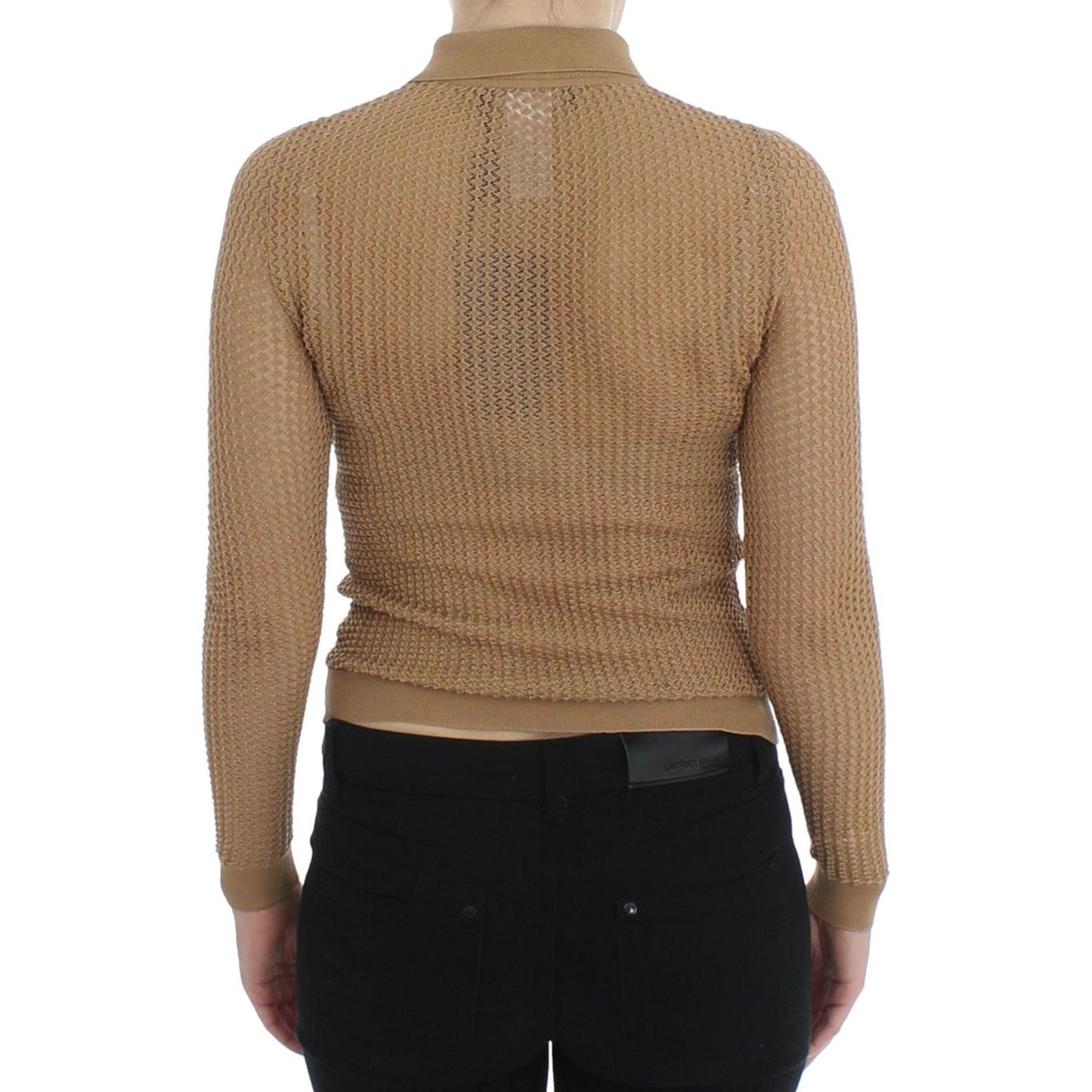 Beige Knitted Cotton Polo Cardigan Sweater