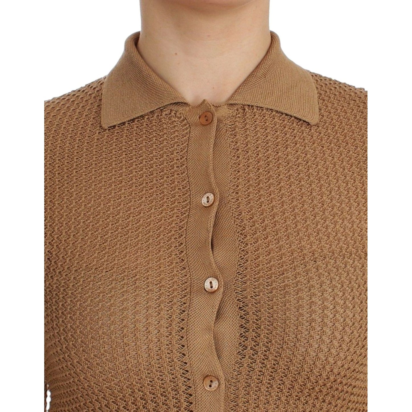 Beige Knitted Cotton Polo Cardigan Sweater