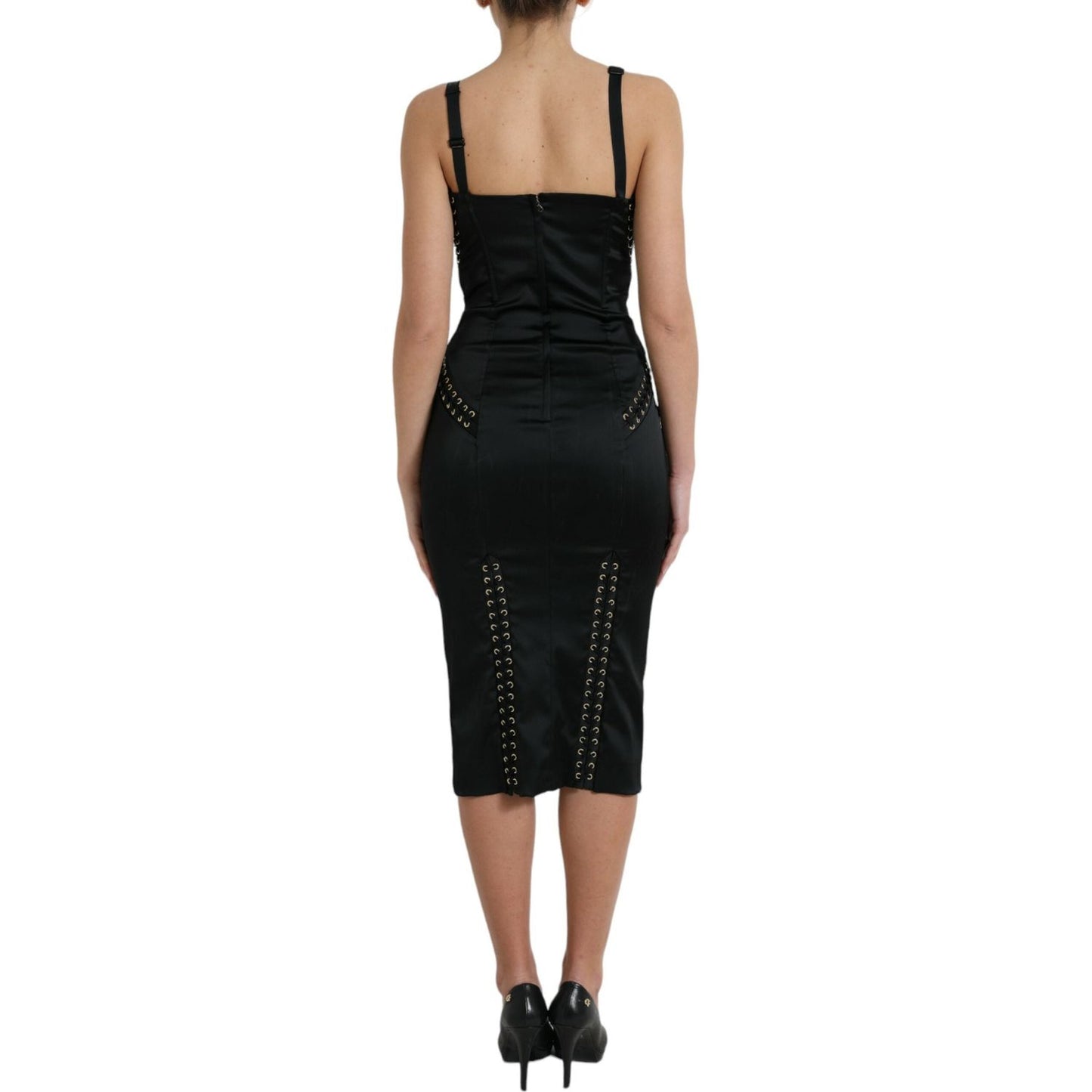 Elegant Black Lace-Up Midi Bodycon Dress