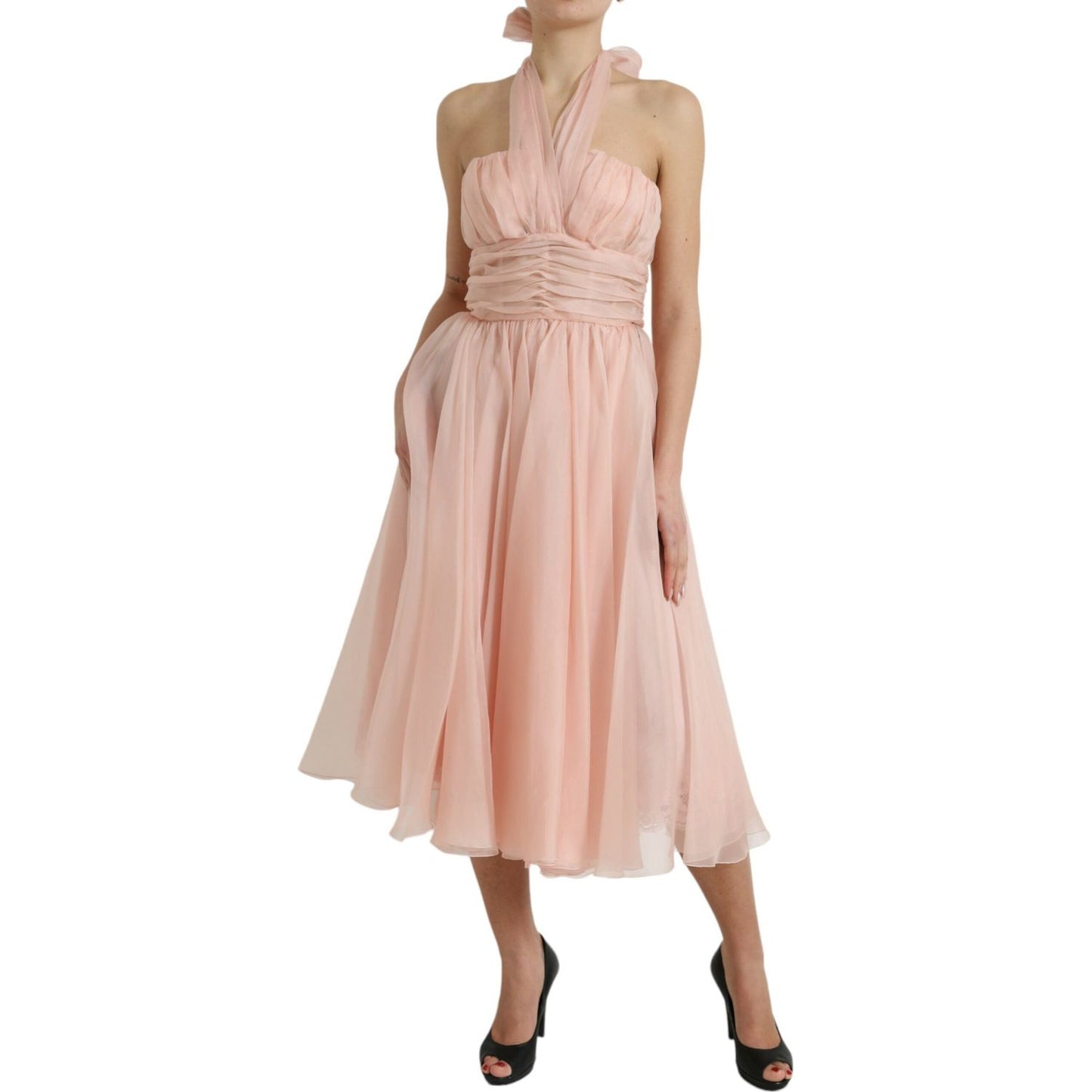 Elegant Silk Chiffon Halter Midi Dress