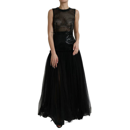 Dolce & Gabbana Black Sequined Sleeveless Mesh Layered Gown Dress