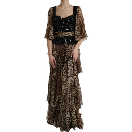 Elegant Leopard Sequin Tiered Dress Dolce & Gabbana