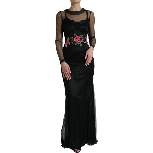 Dolce & Gabbana Black Floral Embroidery Mesh Tulle Gown Dress Dolce & Gabbana