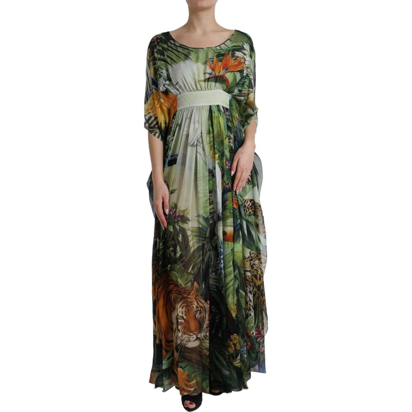 Elegant Jungle Print Maxi Silk Dress