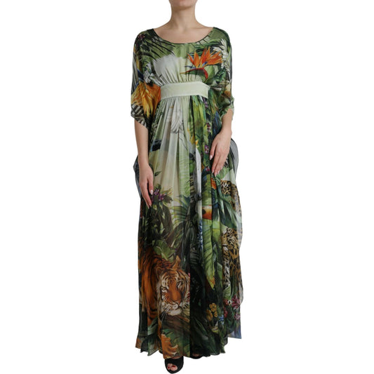 Elegant Jungle Print Maxi Silk Dress