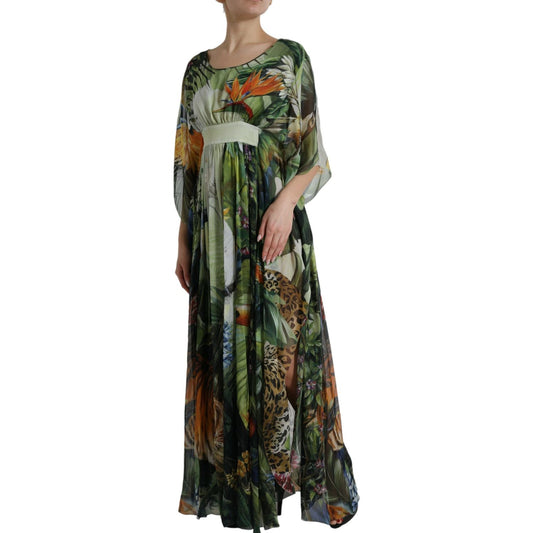 Elegant Jungle Print Maxi Silk Dress