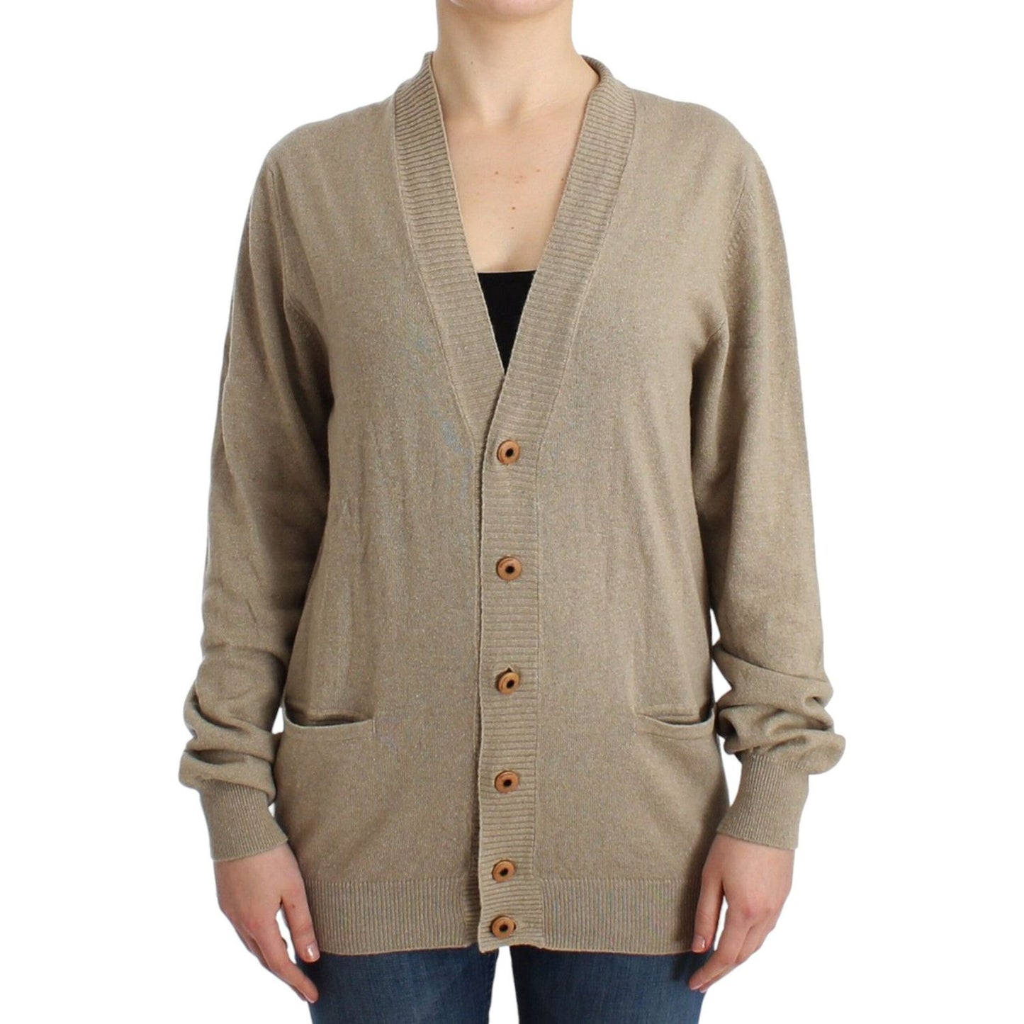 Beige Deep V-Neck Luxury Cardigan