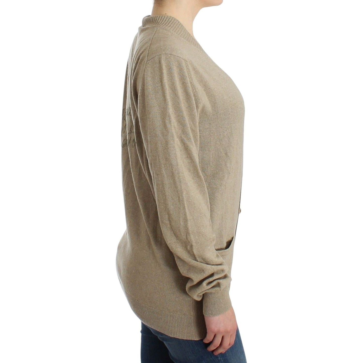 Beige Deep V-Neck Luxury Cardigan