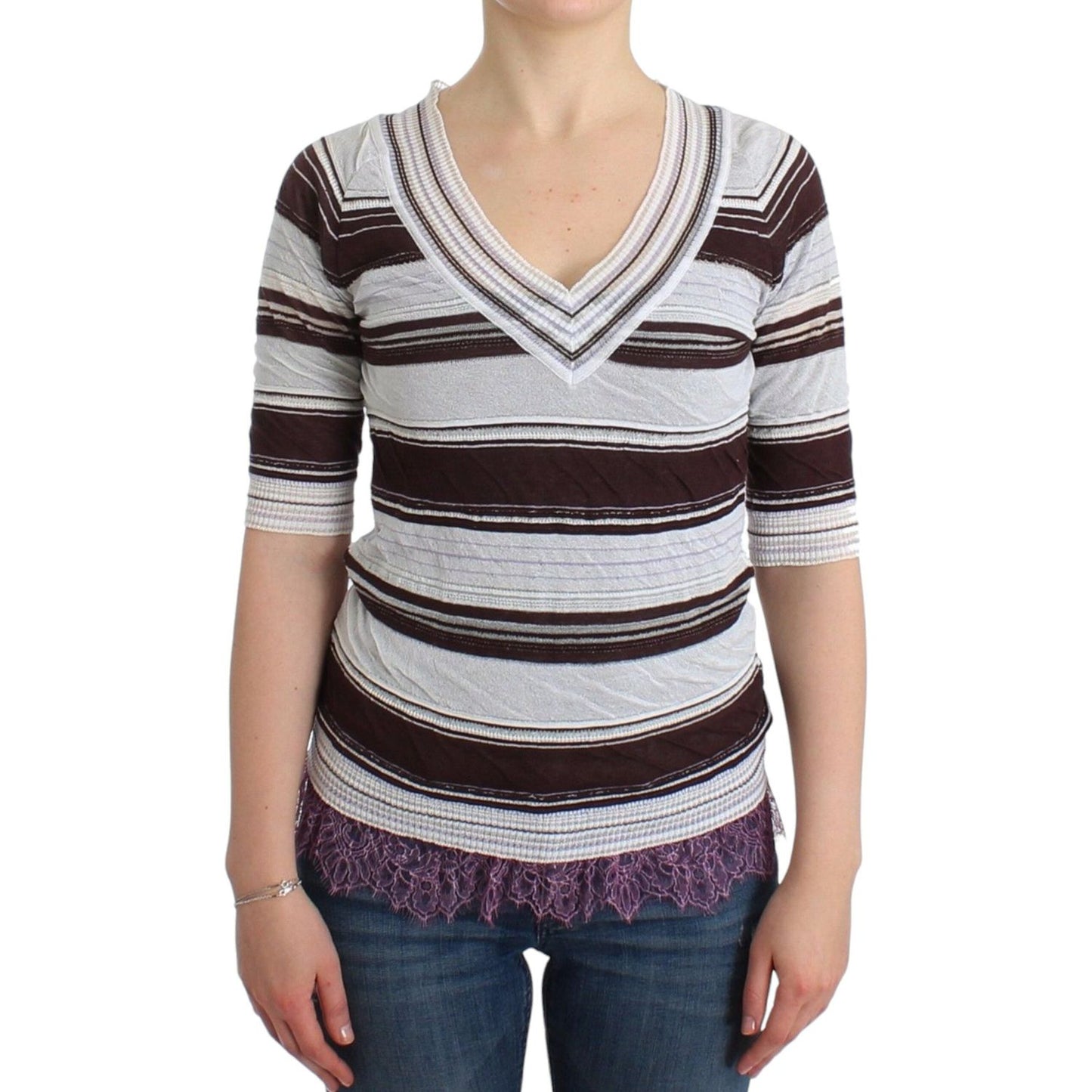 Striped V-Neck Knit Top with Lace Hem