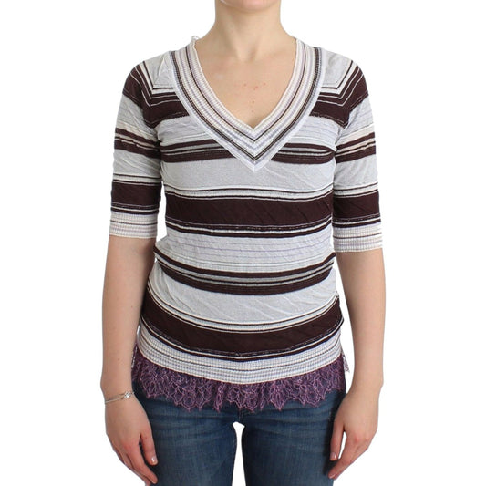 Striped V-Neck Knit Top with Lace Hem