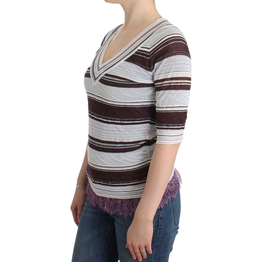 Striped V-Neck Knit Top with Lace Hem