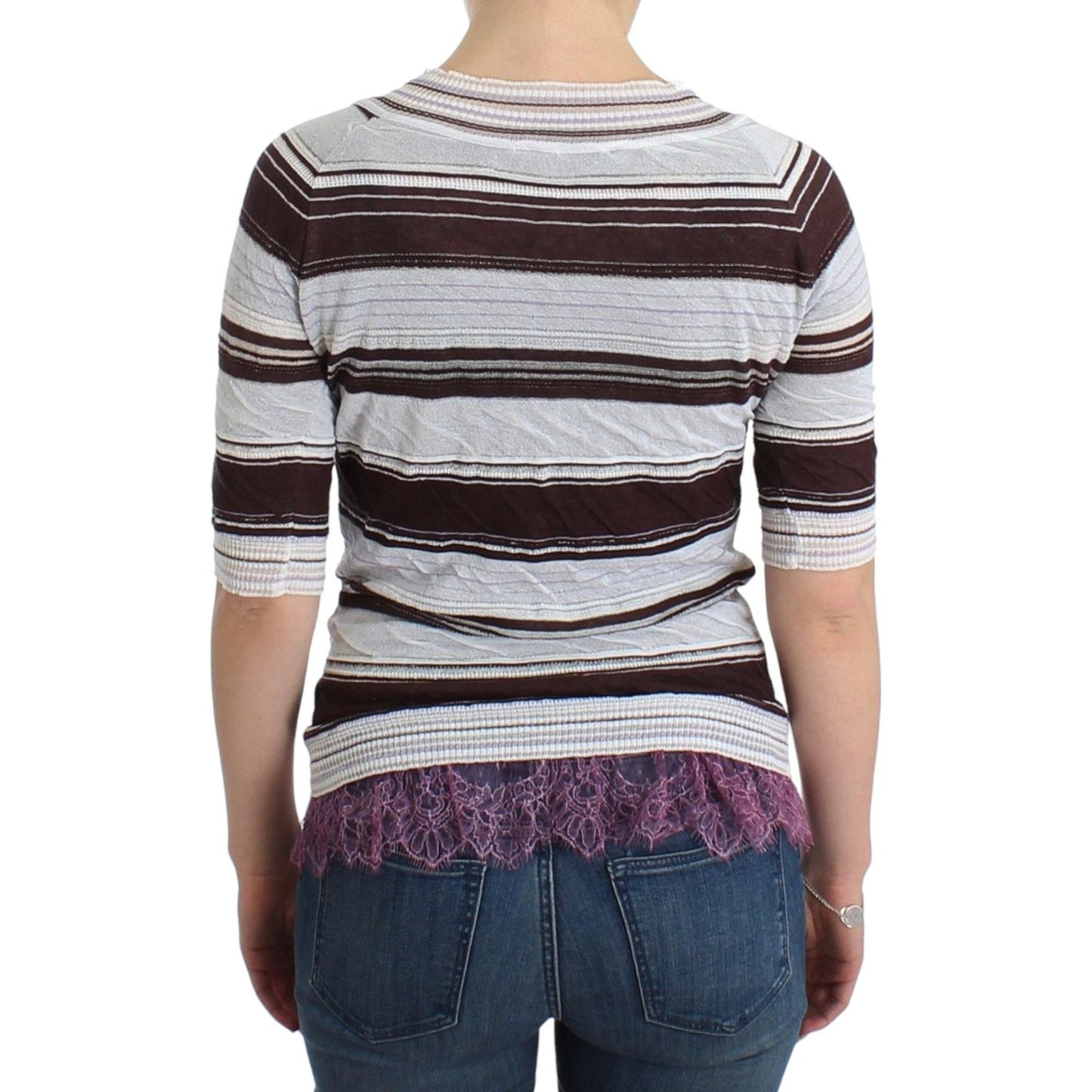 Striped V-Neck Knit Top with Lace Hem