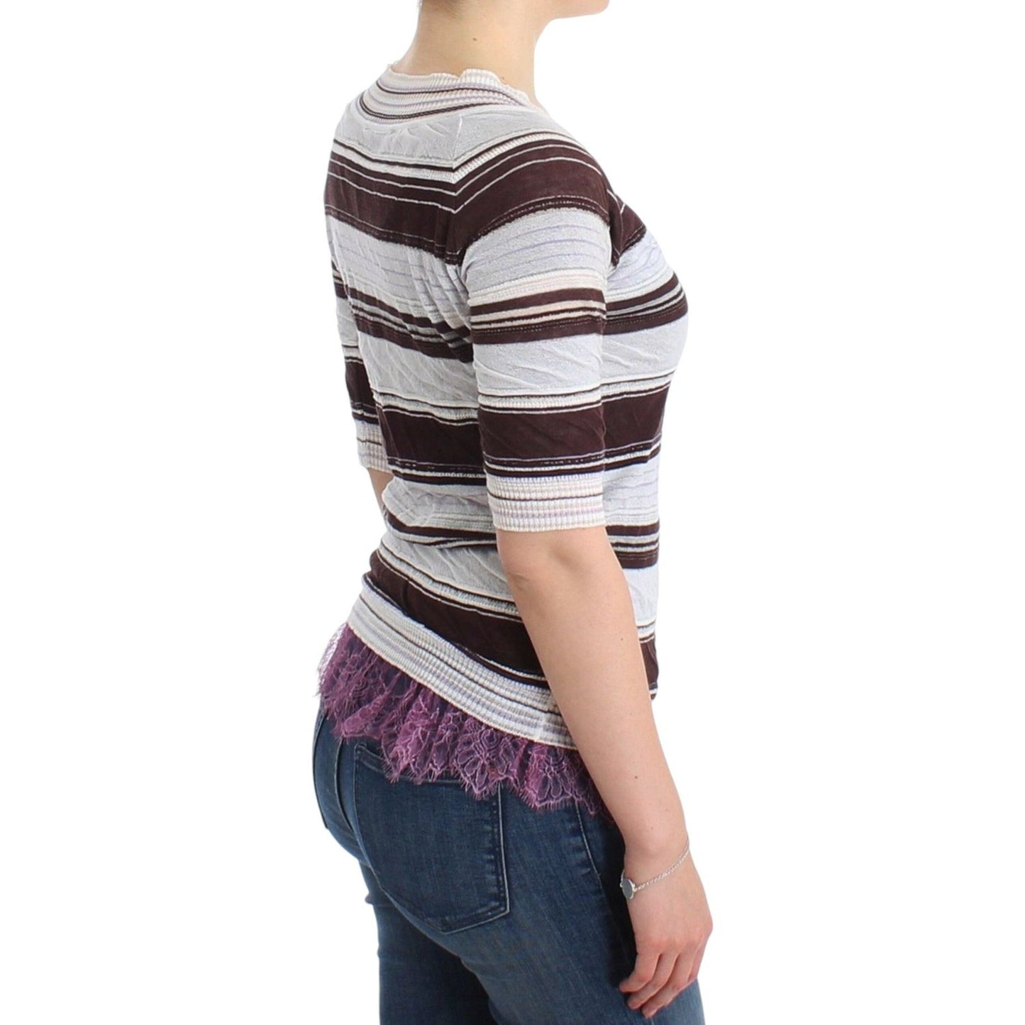 Striped V-Neck Knit Top with Lace Hem