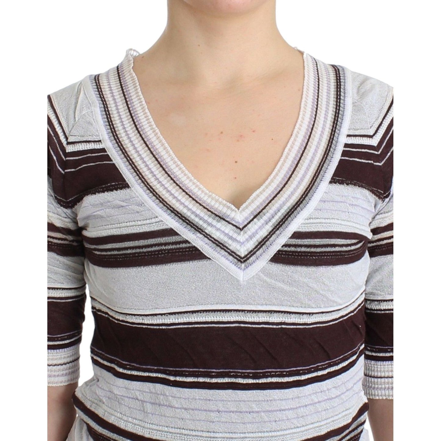 Striped V-Neck Knit Top with Lace Hem