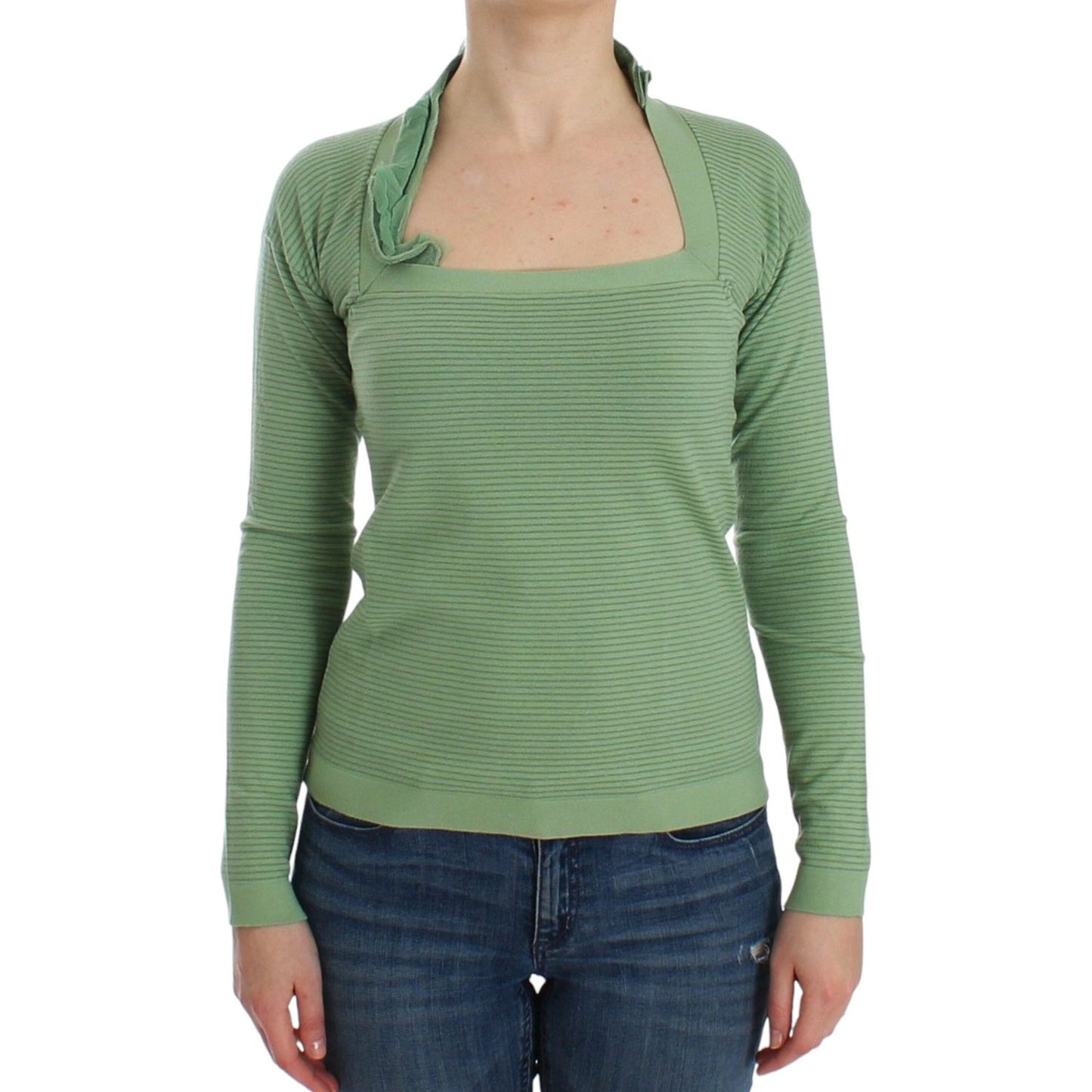 Elegant Green Striped Wool Blend Sweater