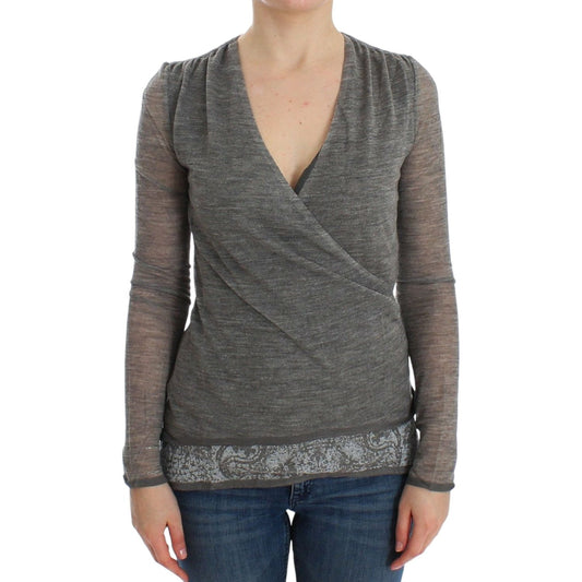 Elegant Gray Wool Blend Deep V-neck Sweater