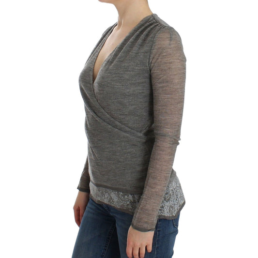 Elegant Gray Wool Blend Deep V-neck Sweater