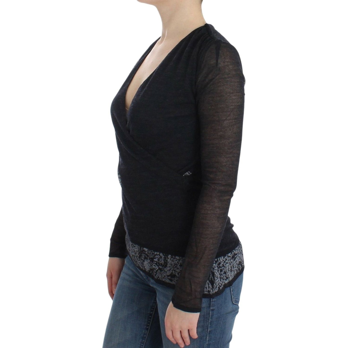 Deep V-neck Black Wool Blend Sweater