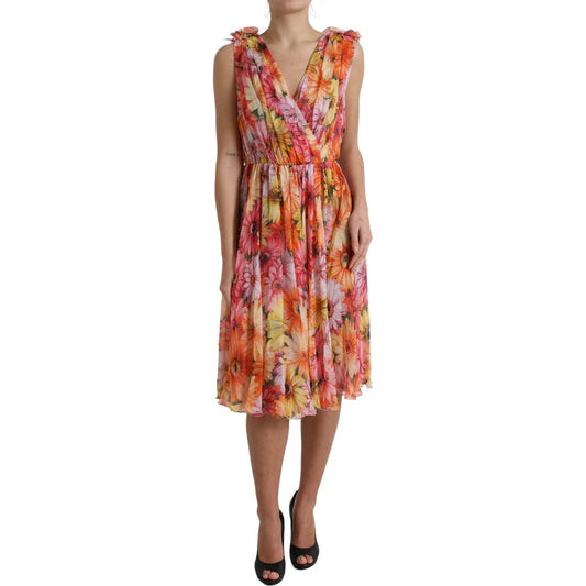 Elegant Floral Silk Midi Dress with V-Neck Dolce & Gabbana