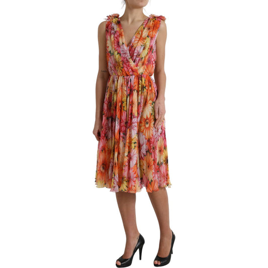 Elegant Floral Silk Midi Dress with V-Neck Dolce & Gabbana