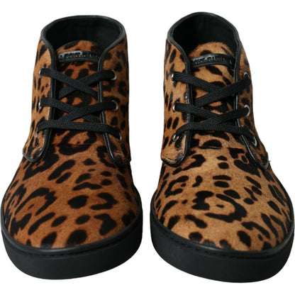 Dolce & Gabbana Brown Leopard Pony Hair Leather Sneakers Shoes