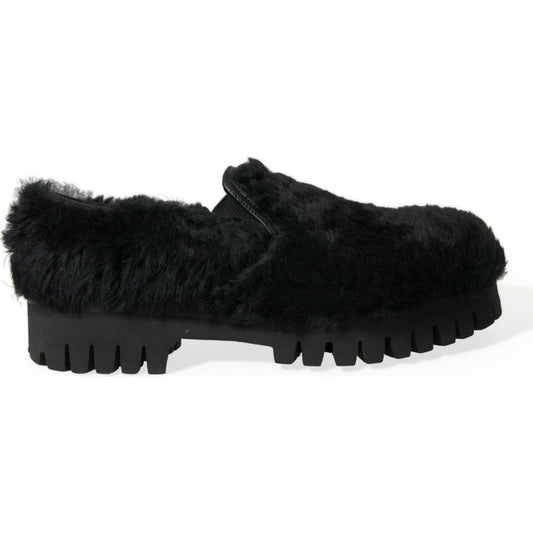 Dolce & Gabbana Black Fur Leather Slippers Dress Shoes Dolce & Gabbana