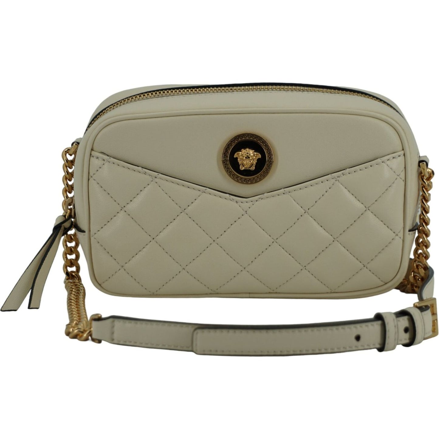 Versace White Lamb Leather Small Camera Crossbody Bag